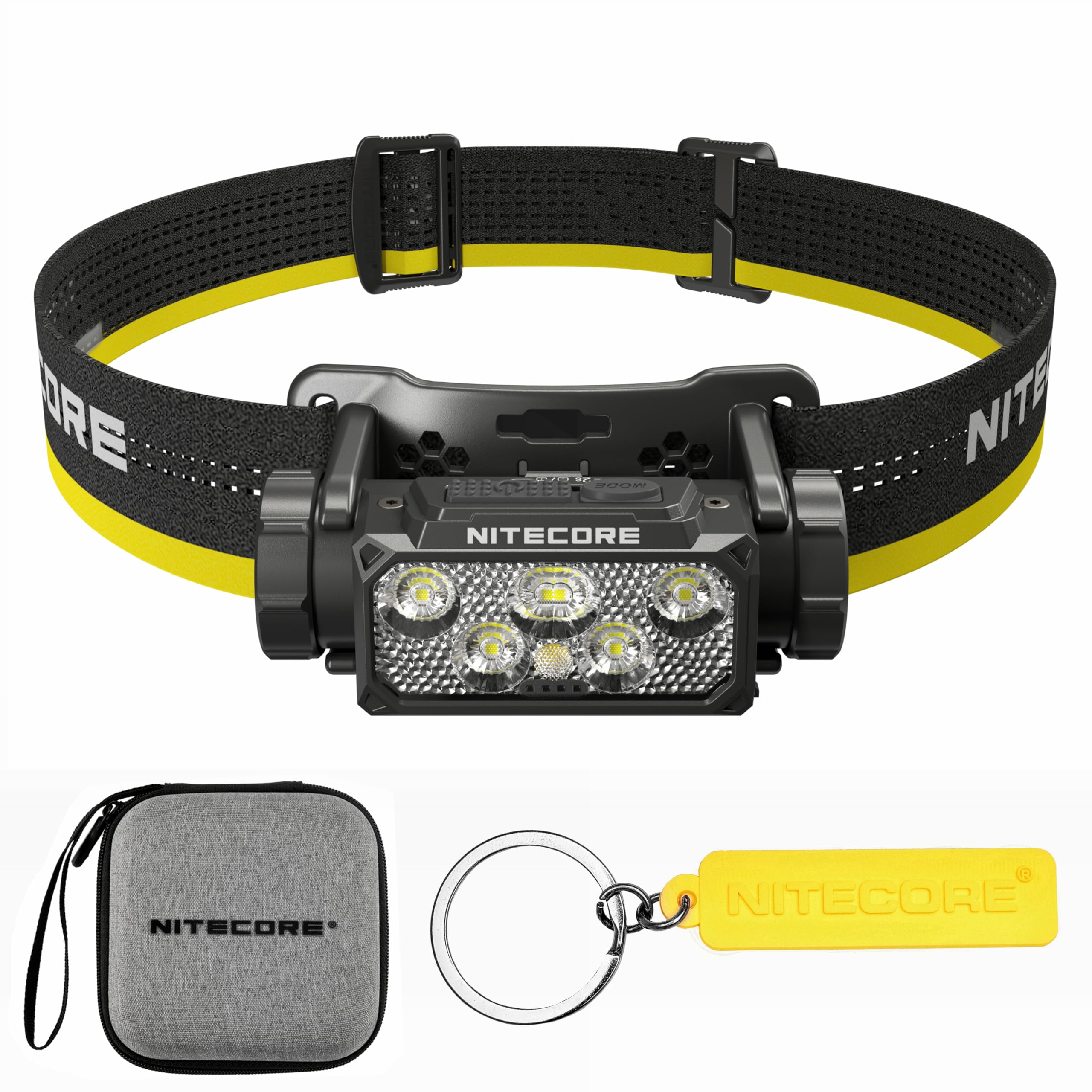 Nitecore HC60 UHE headlamp front view delivers broad outdoor night illumination.