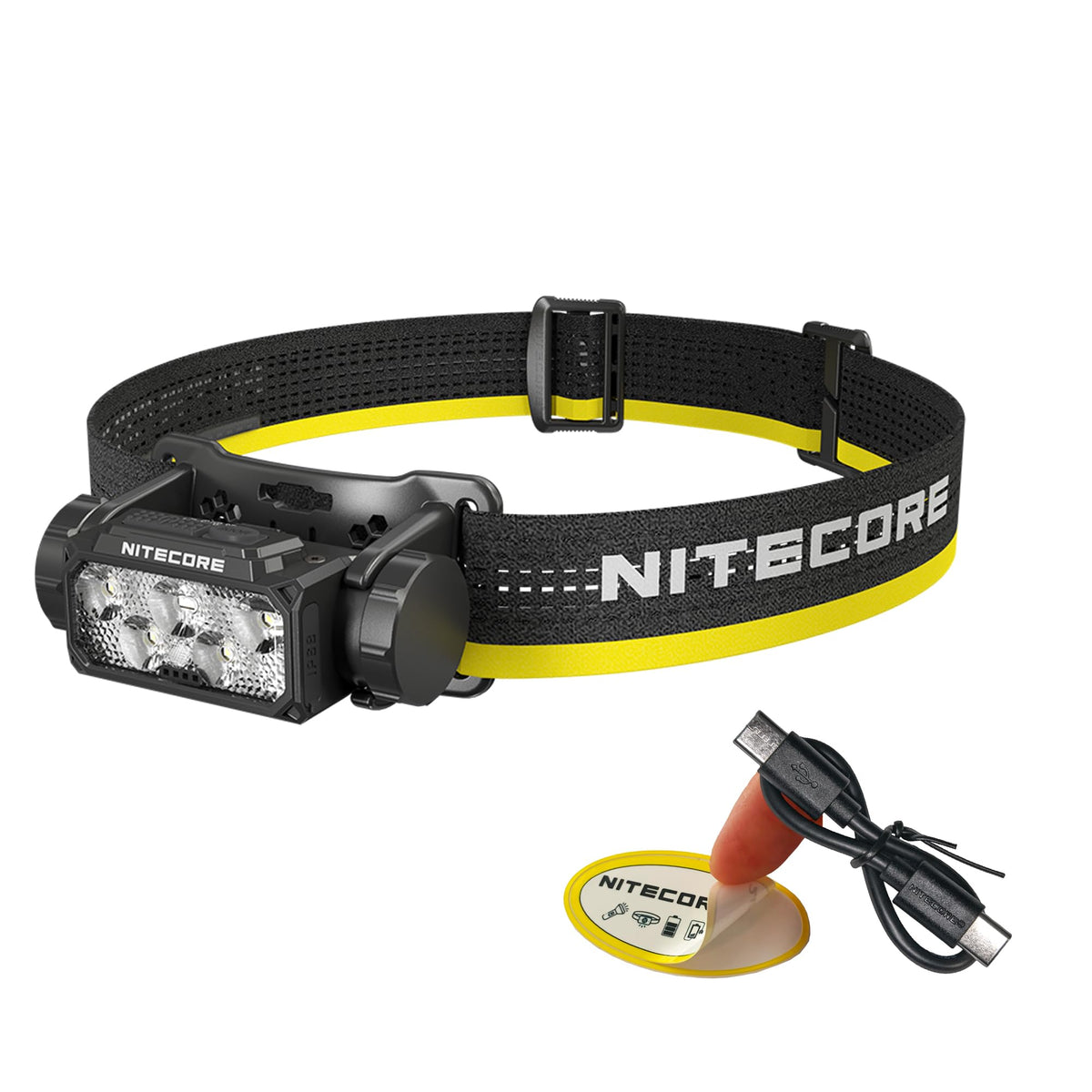 Nitecore HC60 UHE headlamp front view showing compact design for hands-free lighting