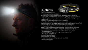 Nitecore HC65 beam distance highlight showing up to 222 meters reach.