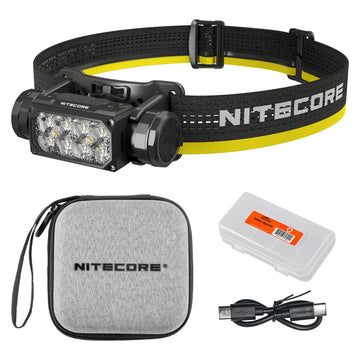 Nitecore HC65 UHE headlamp front view for hands-free use during night activities.
