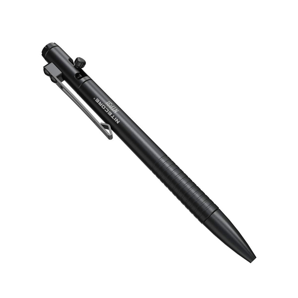Nitecore NTP31 bolt-design tactical pen shown in use for switching between pen and tool