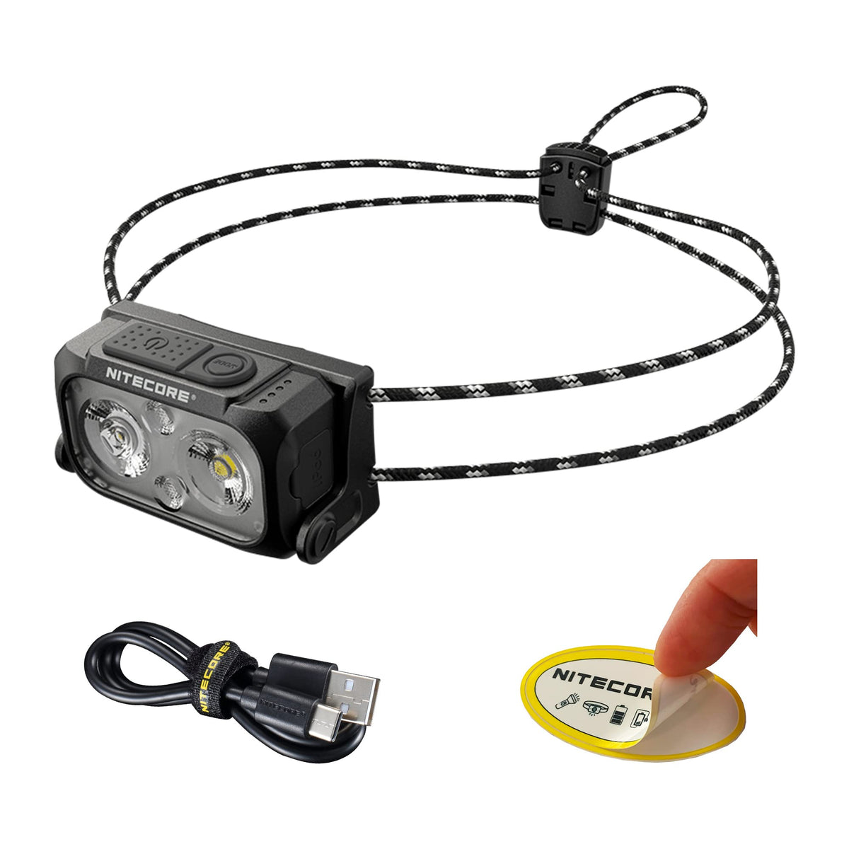 Nitecore NU21 headlamp worn on a lightweight headband for hands-free night runs.