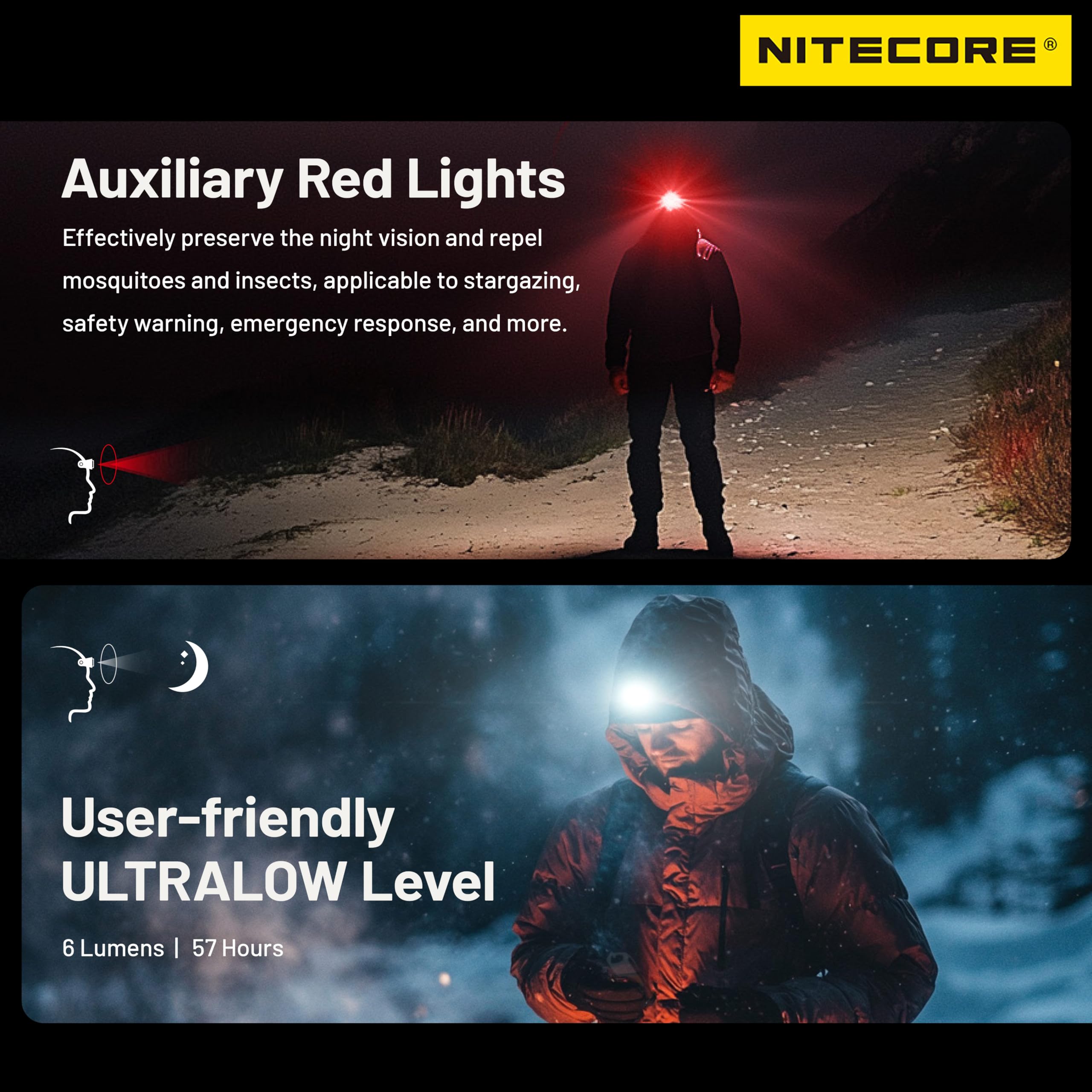 Nitecore NU27 long battery life for hours of continuous illumination.
