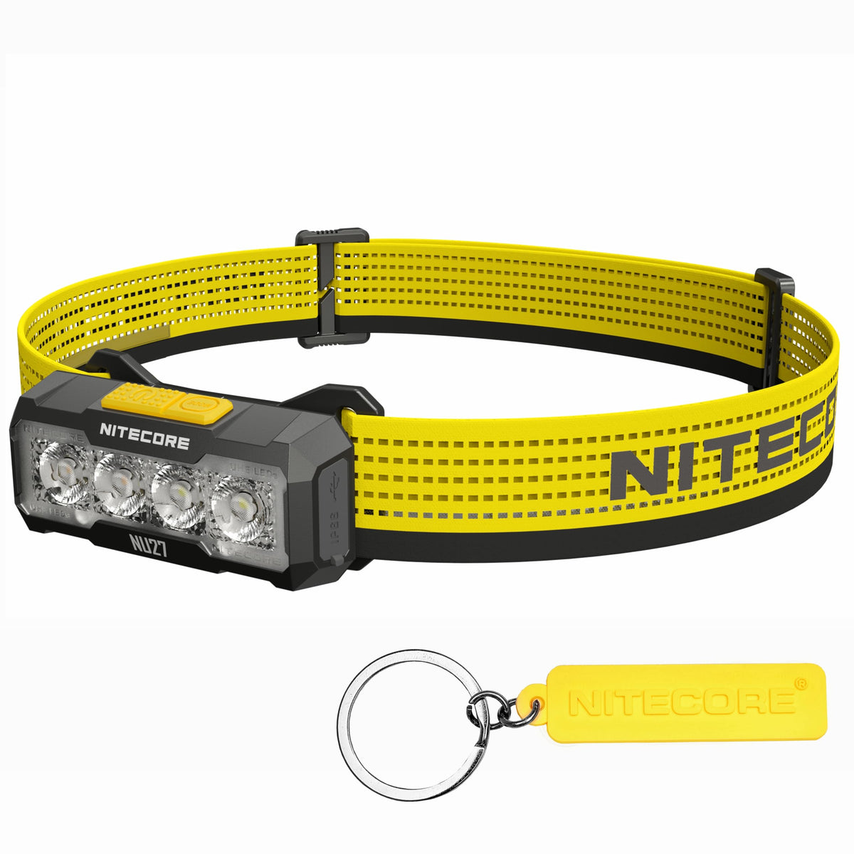 Nitecore NU27 front view highlighting compact headlamp design for outdoor use.