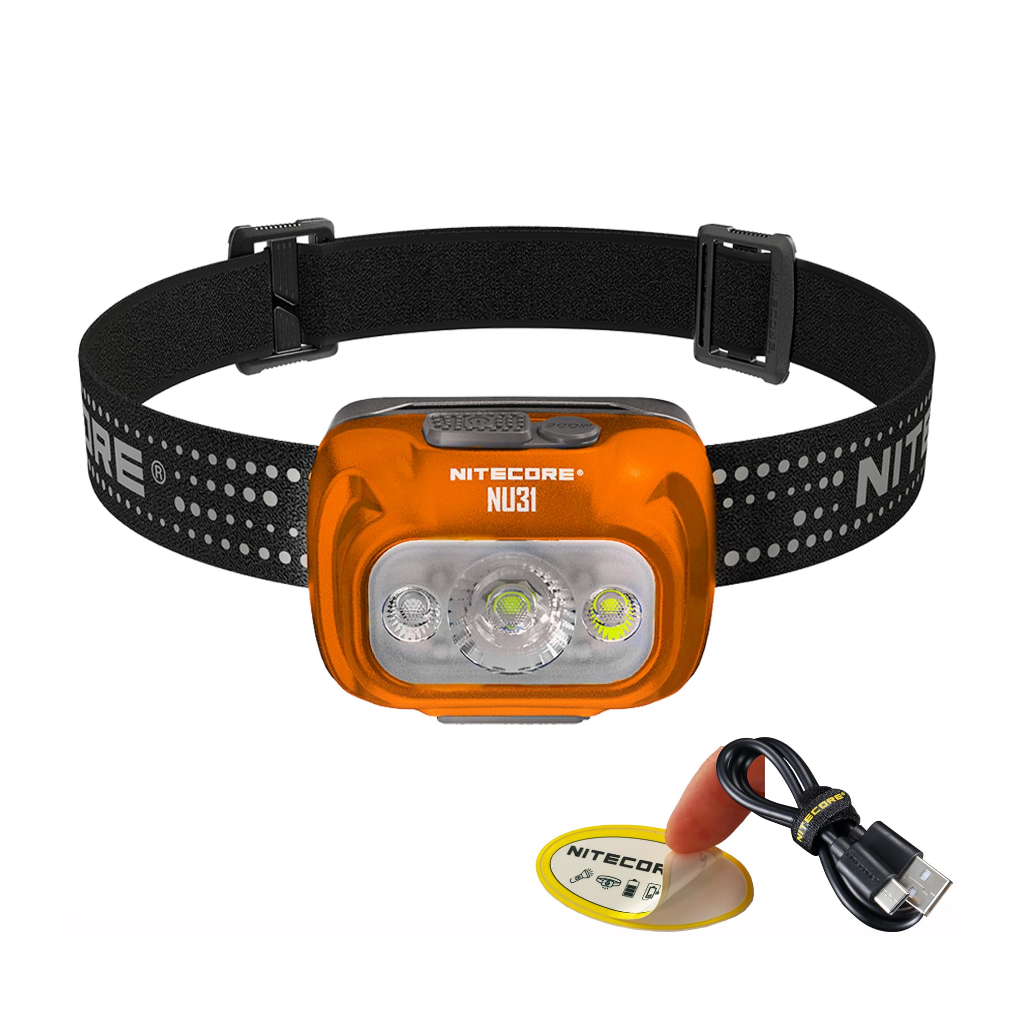 Nitecore NU31 orange headlamp close-up shows compact comfort for hands-free use.