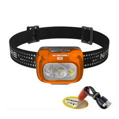 Nitecore NU31 orange headlamp close-up shows compact comfort for hands-free use.