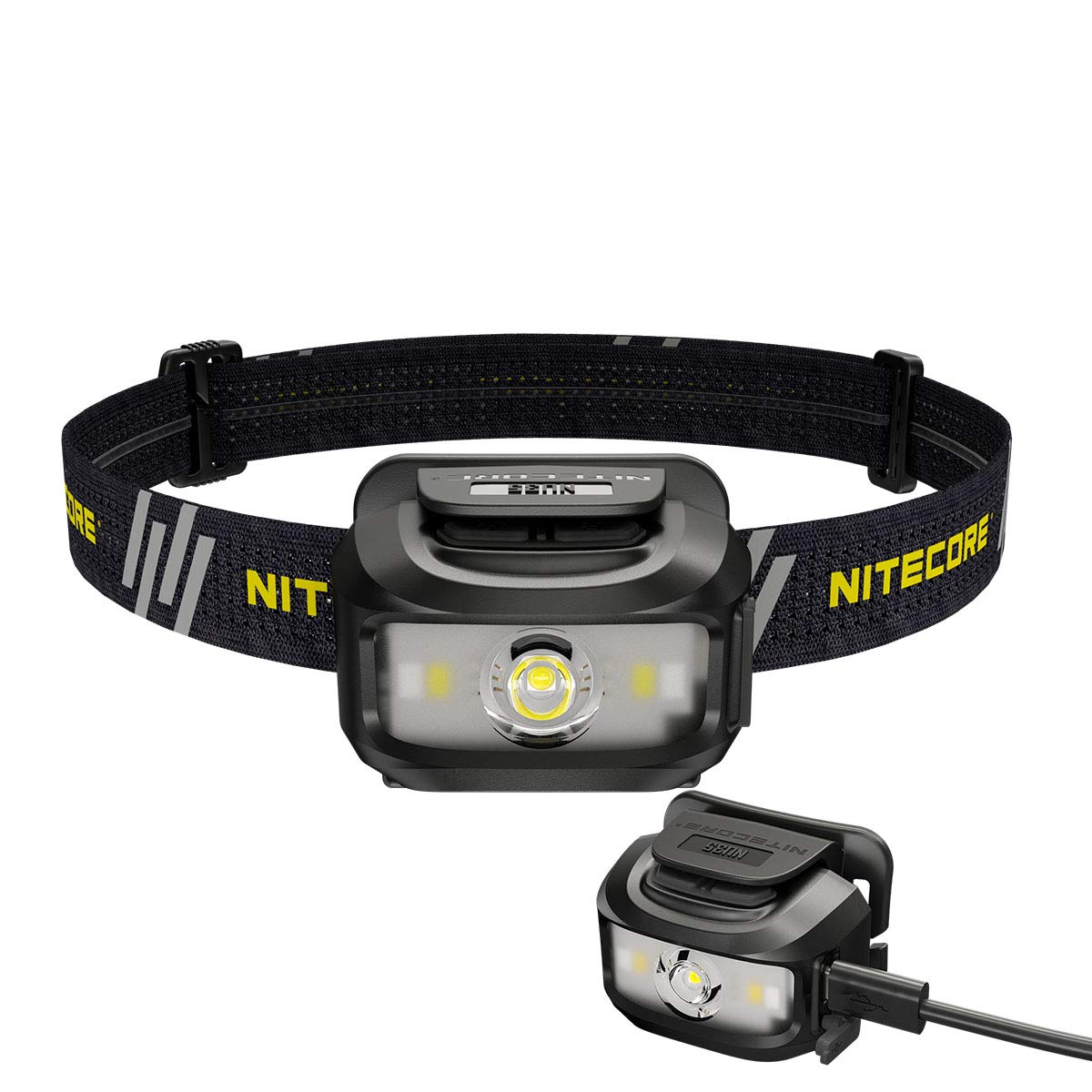Nitecore NU35 headlamp with tilt-adjustment for hands-free lighting in low-light outdoor scenes.