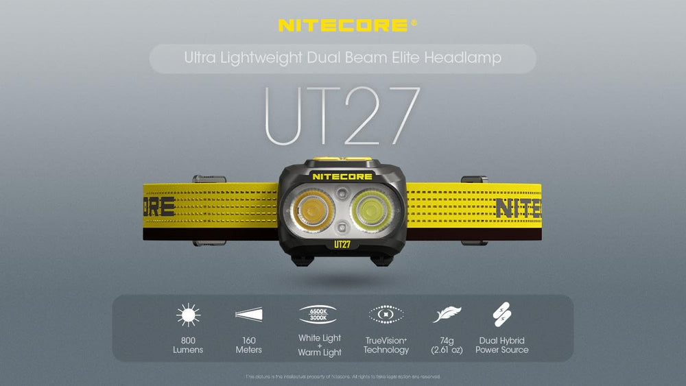 Nitecore UT27 side profile highlighting lightweight, portable headlamp for hiking.
