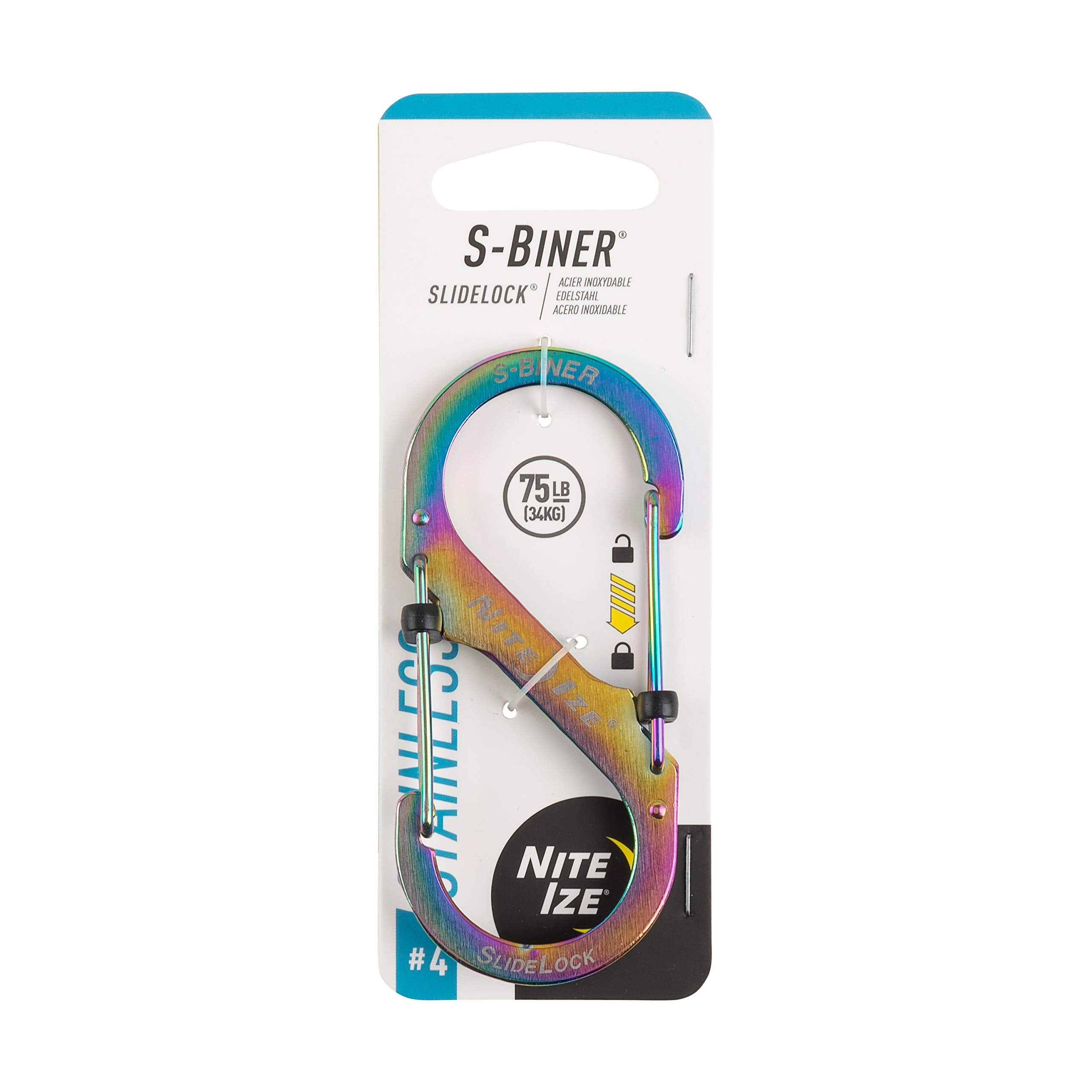NITE IZE S-biner Slide Lock #4 Spectrum front view for secure keys and gear.