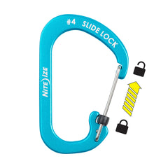 Gate close-up on Nite Ize SlideLock carabiner showing locking mechanism.