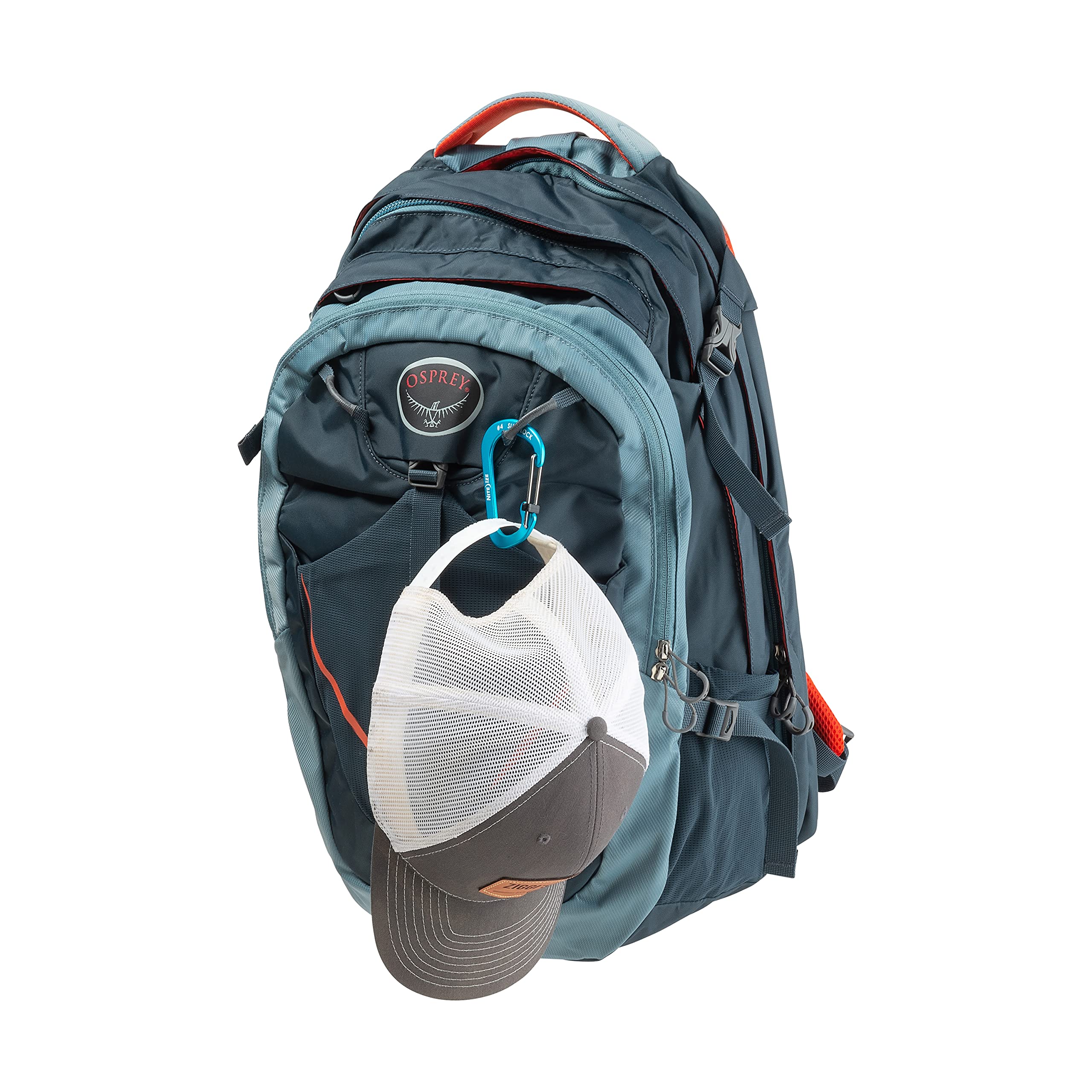 Nite Ize SlideLock carabiner attached to backpack strap for quick access.