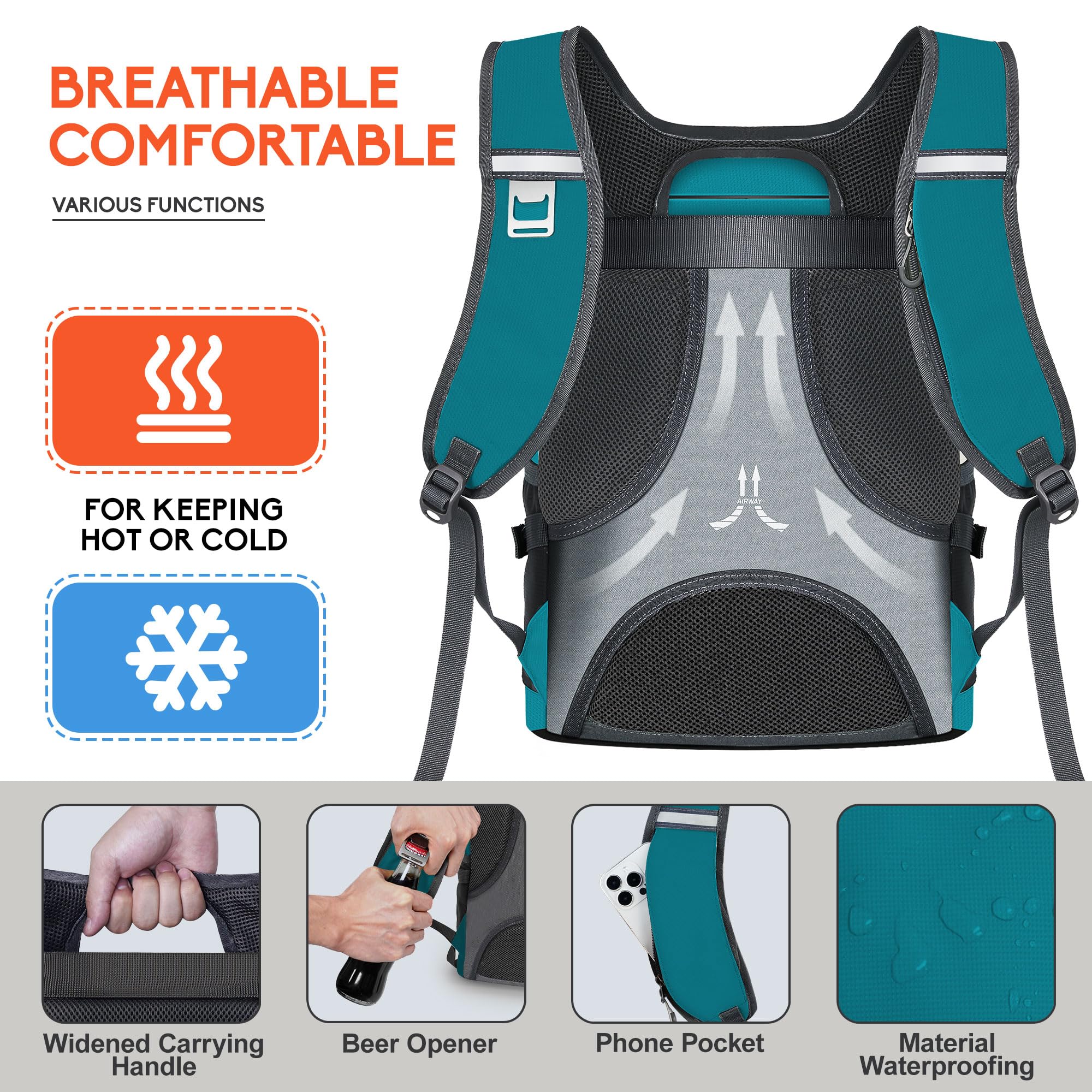 N NEVO RHINO Backpack Cooler compartments organize cans, gear, and phone.