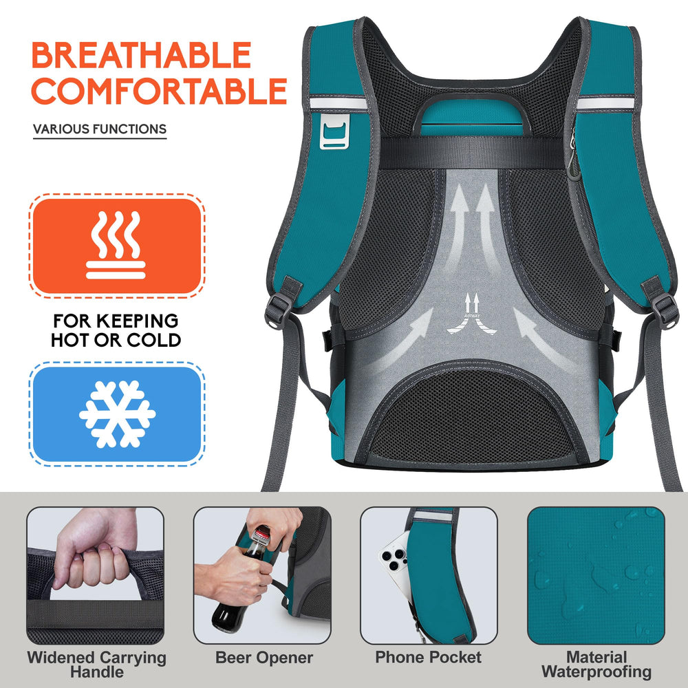 N NEVO RHINO Backpack Cooler compartments organize cans, gear, and phone.