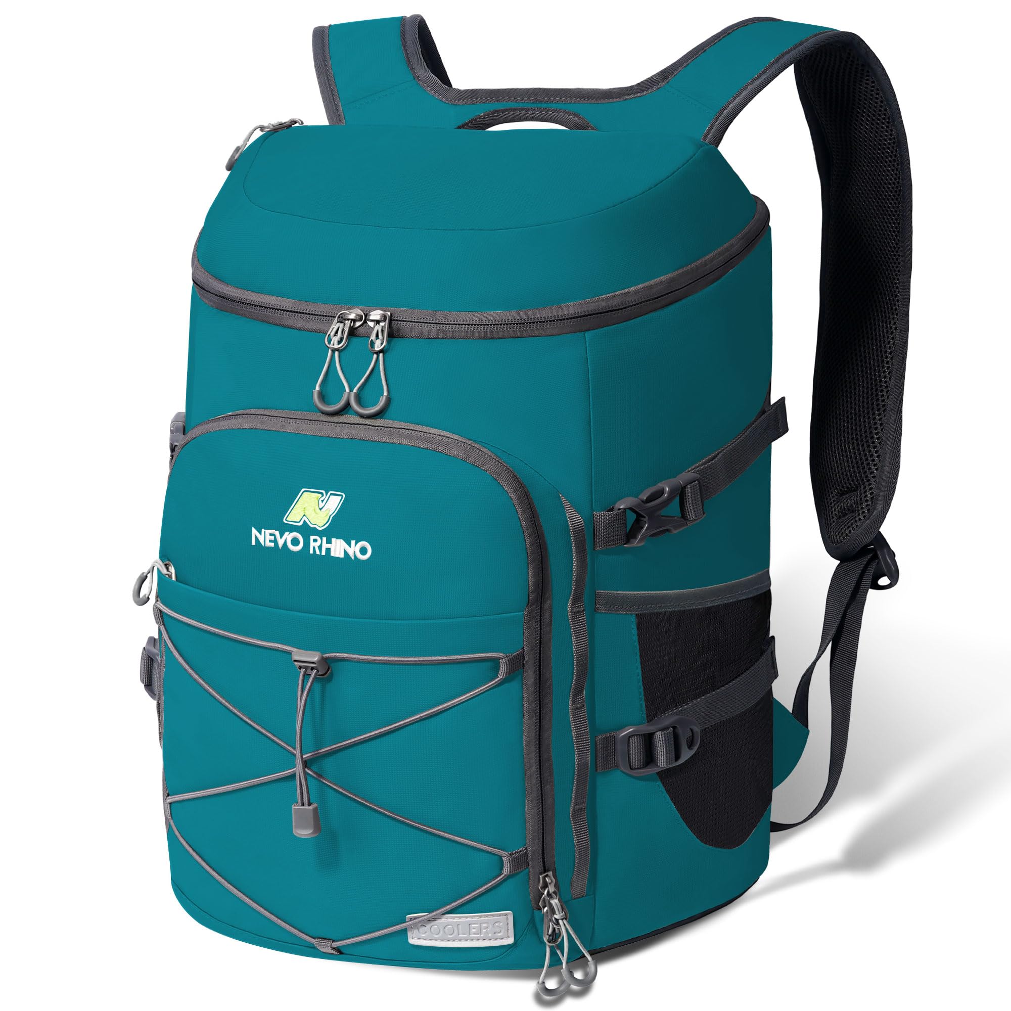N NEVO RHINO Backpack Cooler front view shows rugged green design for outdoor picnics.
