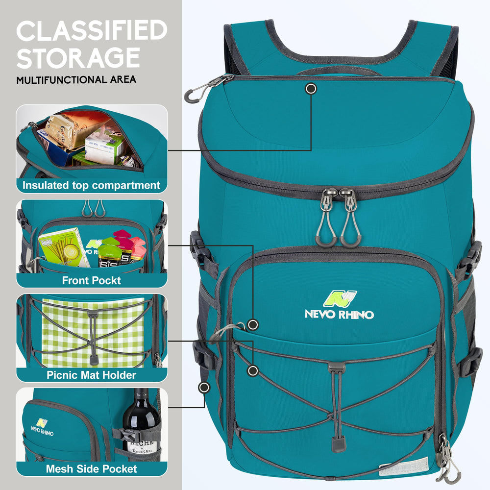 N NEVO RHINO Backpack Cooler strap pocket holds phone securely.