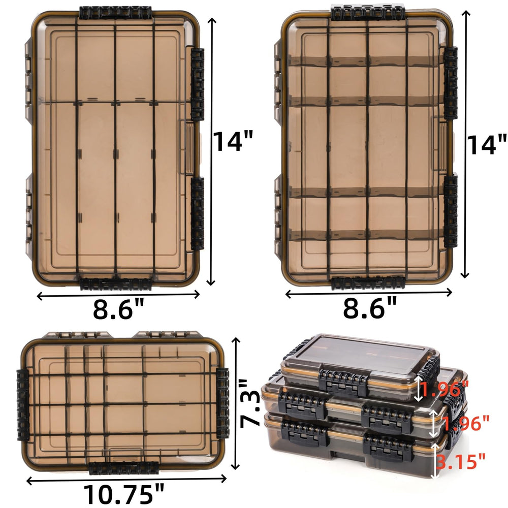 Tea-colored tackle box with adjustable dividers for flexible organization