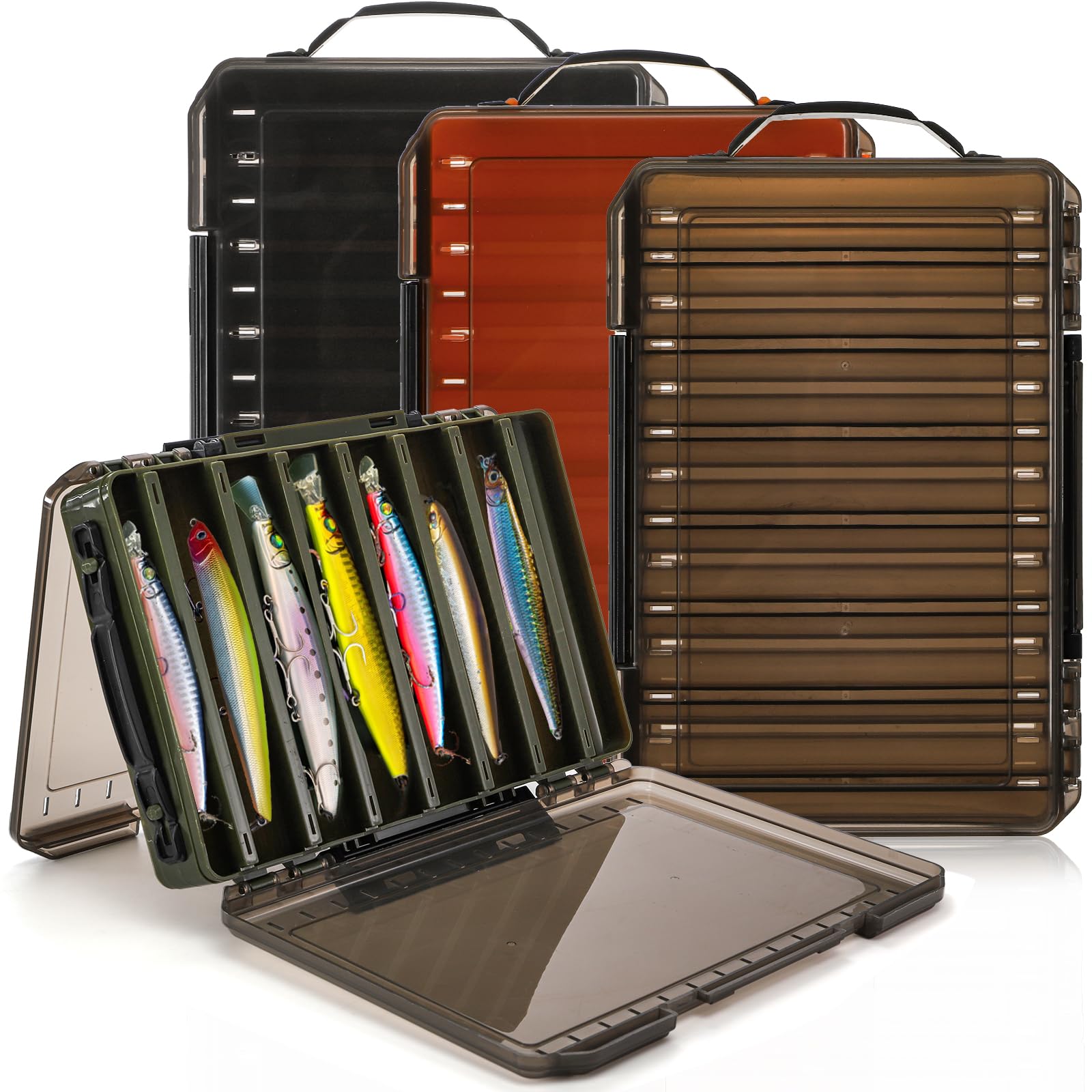 Noamus 3-Pack double-sided fishing lure boxes in green, orange, and tea-color.