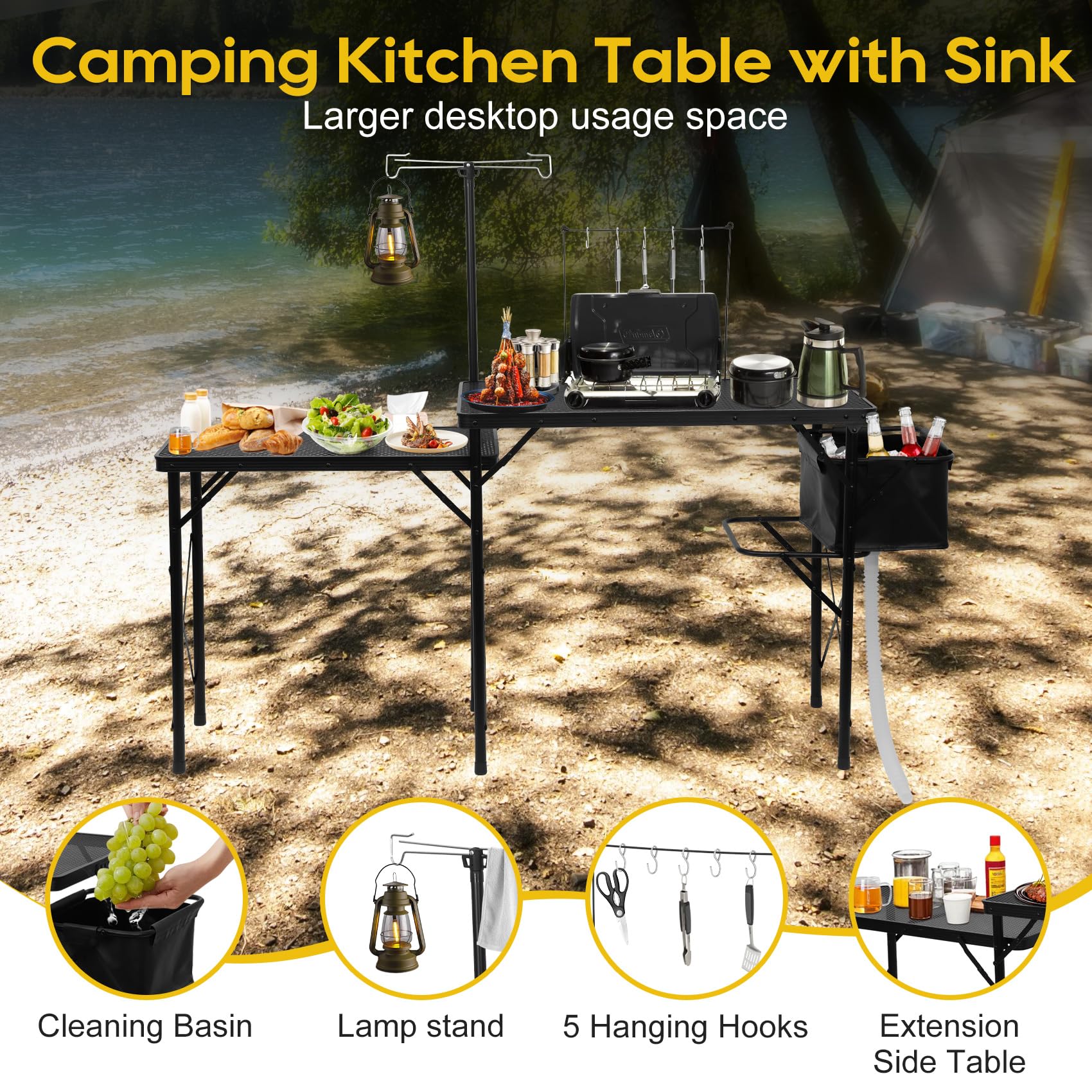 Noblequest collapsible sink with hose enables quick washing at the campsite.