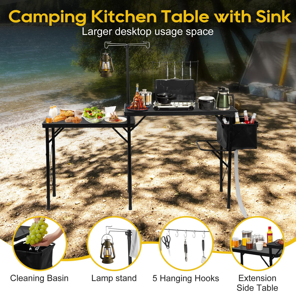 Noblequest collapsible sink with hose enables quick washing at the campsite.