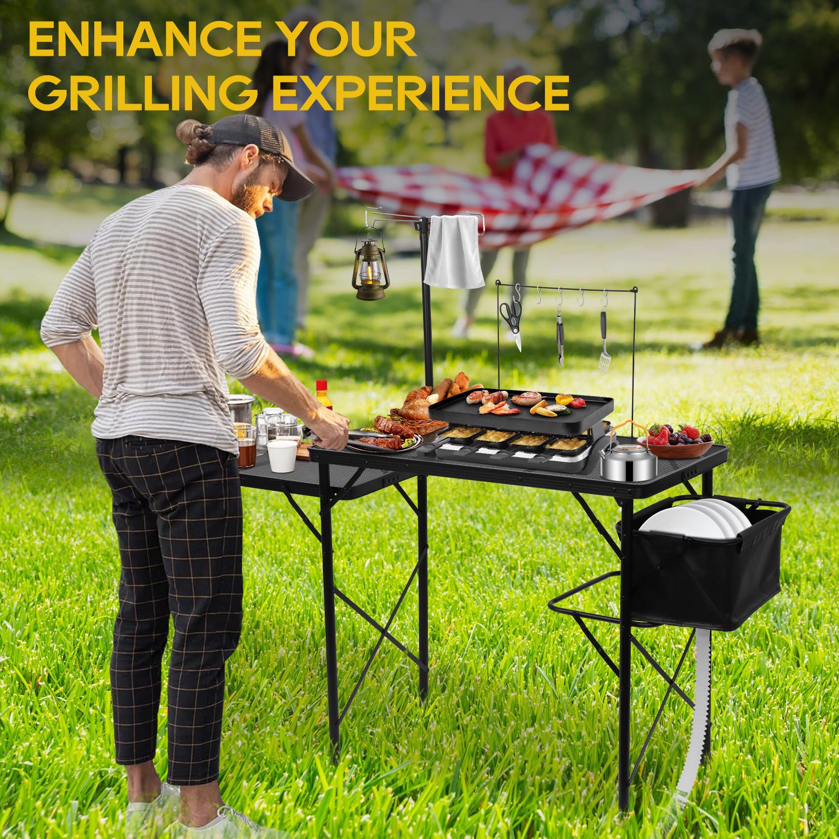 Noblequest light stand and knife holder included for organized outdoor meals.