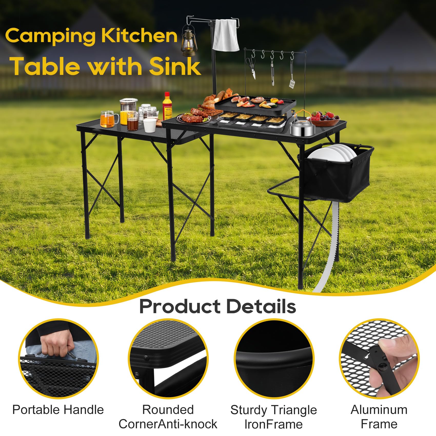 Noblequest portable cook station with telescoping lantern pole enhances campsite lighting.