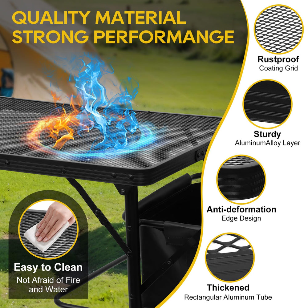 Noblequest triangle-supported table legs provide stability on uneven ground.