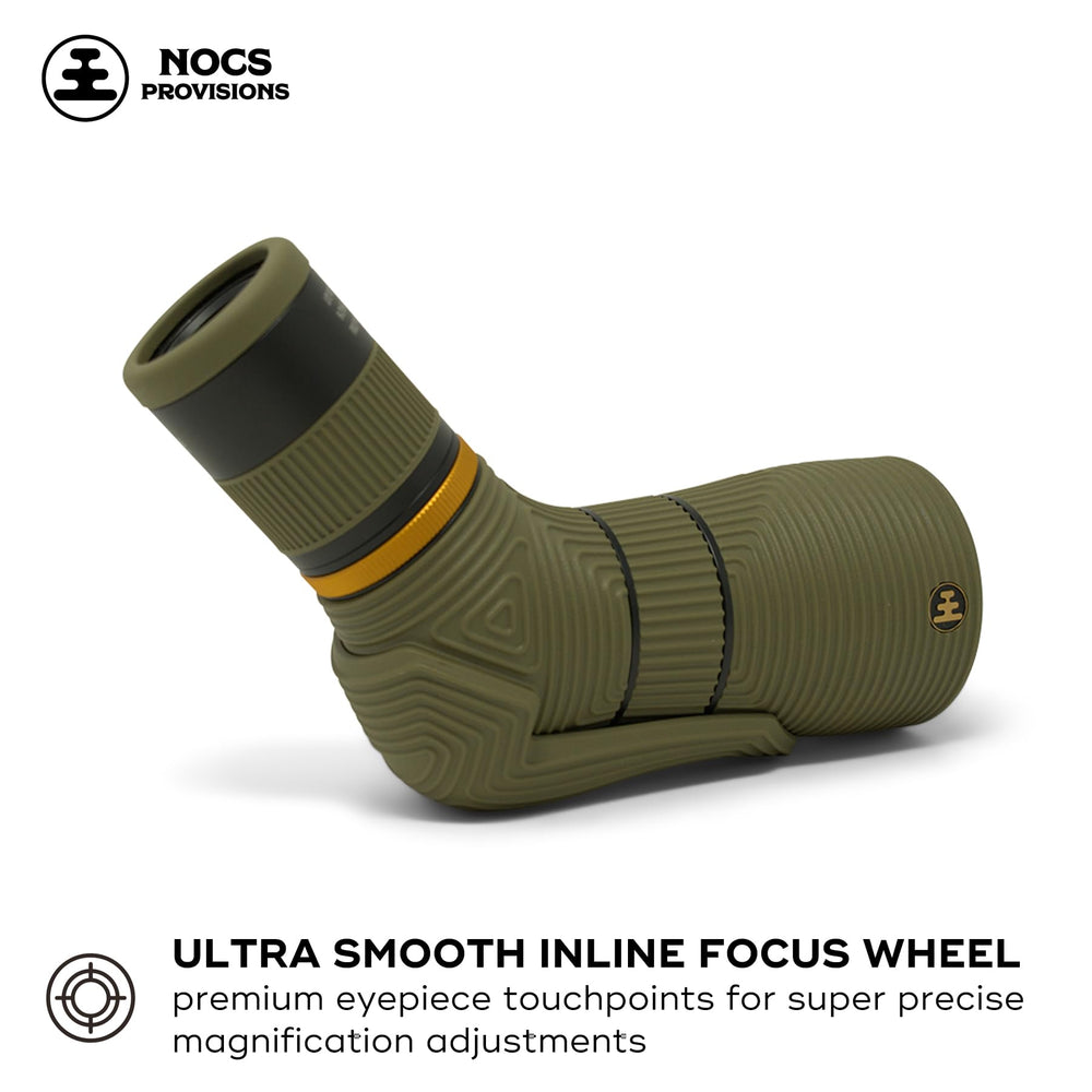 Nocs Provisions Lite View eye relief close-up shows twist-up eyecup for eyeglass wearers