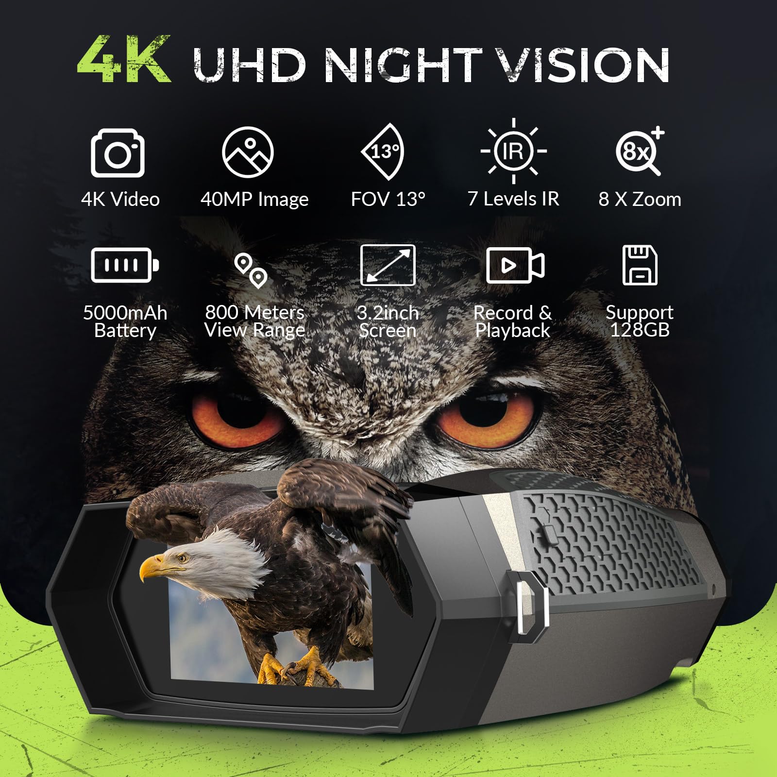 NoctiView viewing range 2625ft wide FOV helps spotting distant wildlife in the dark