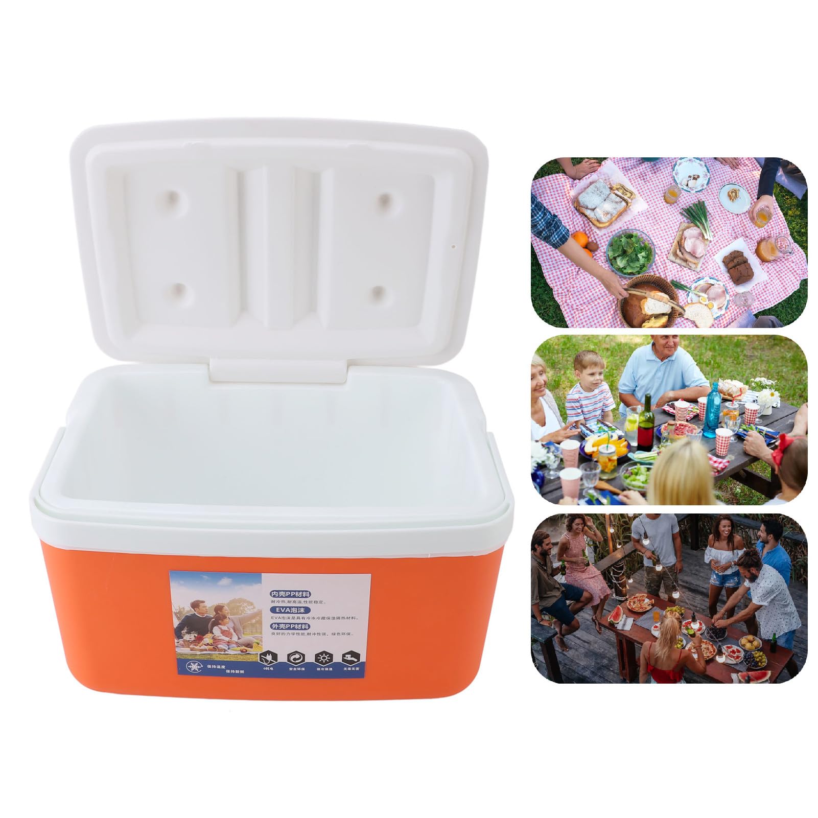 NOENNULL 8L insulated cooler orange lid open, shows versatile storage for snacks and drinks