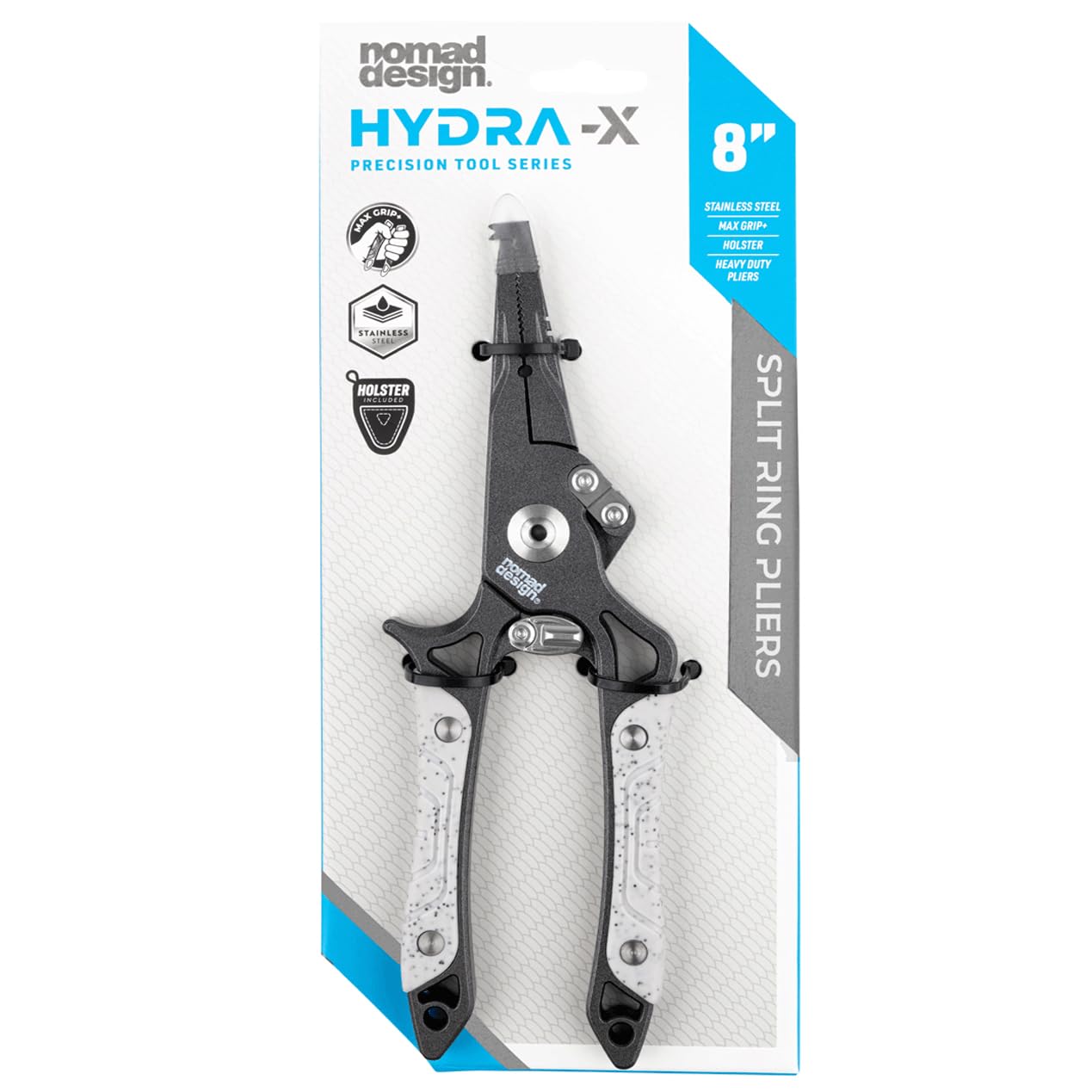 Nomad Design Hydra-X 8″ pliers secured in holster with lanyard for quick access