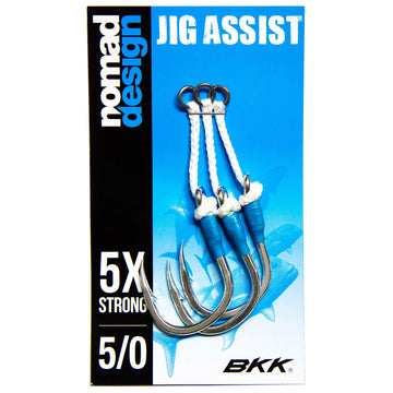 Nomad Design jigging assist hooks with sturdy rings and Dyneema cord for saltwater jigging durability.