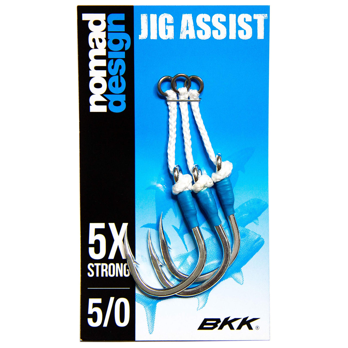 Nomad Design jigging assist hooks with sturdy rings and Dyneema cord for saltwater jigging durability.