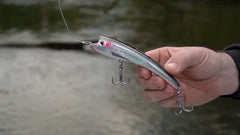 Nomad Design Maverick 90 Aqua Ghost suspending jerkbait pose emphasizes precise control and suspending depth.