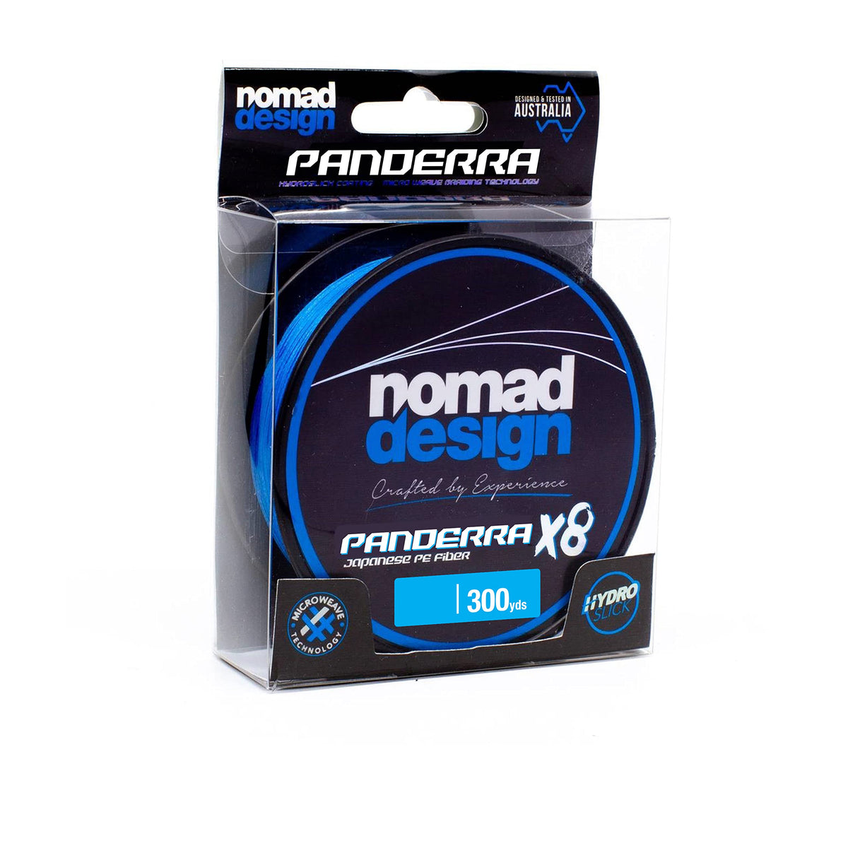 Nomad Design Panderra Cyan Blue X8 Braid close-up highlighting Hydroslick coating for longer casts