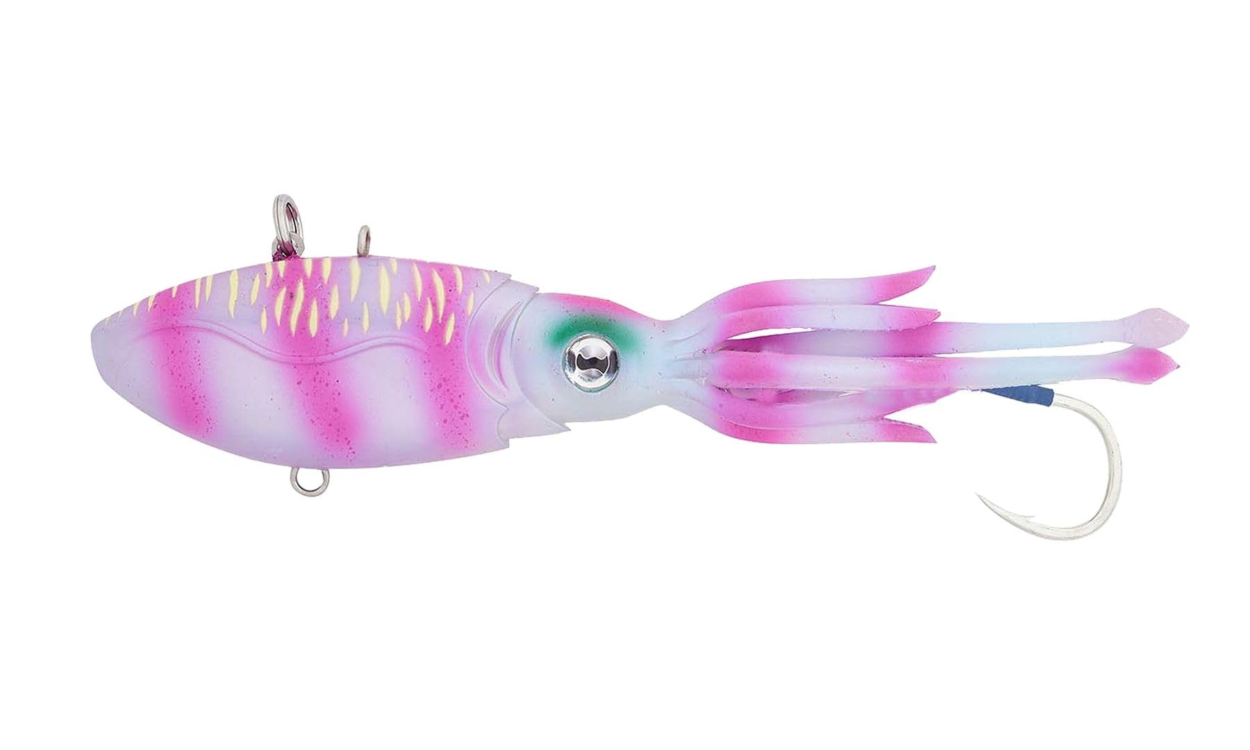 Nomad Design Squidtrex Pink Tiger lure body close-up showing vibrating action for offshore fishing.