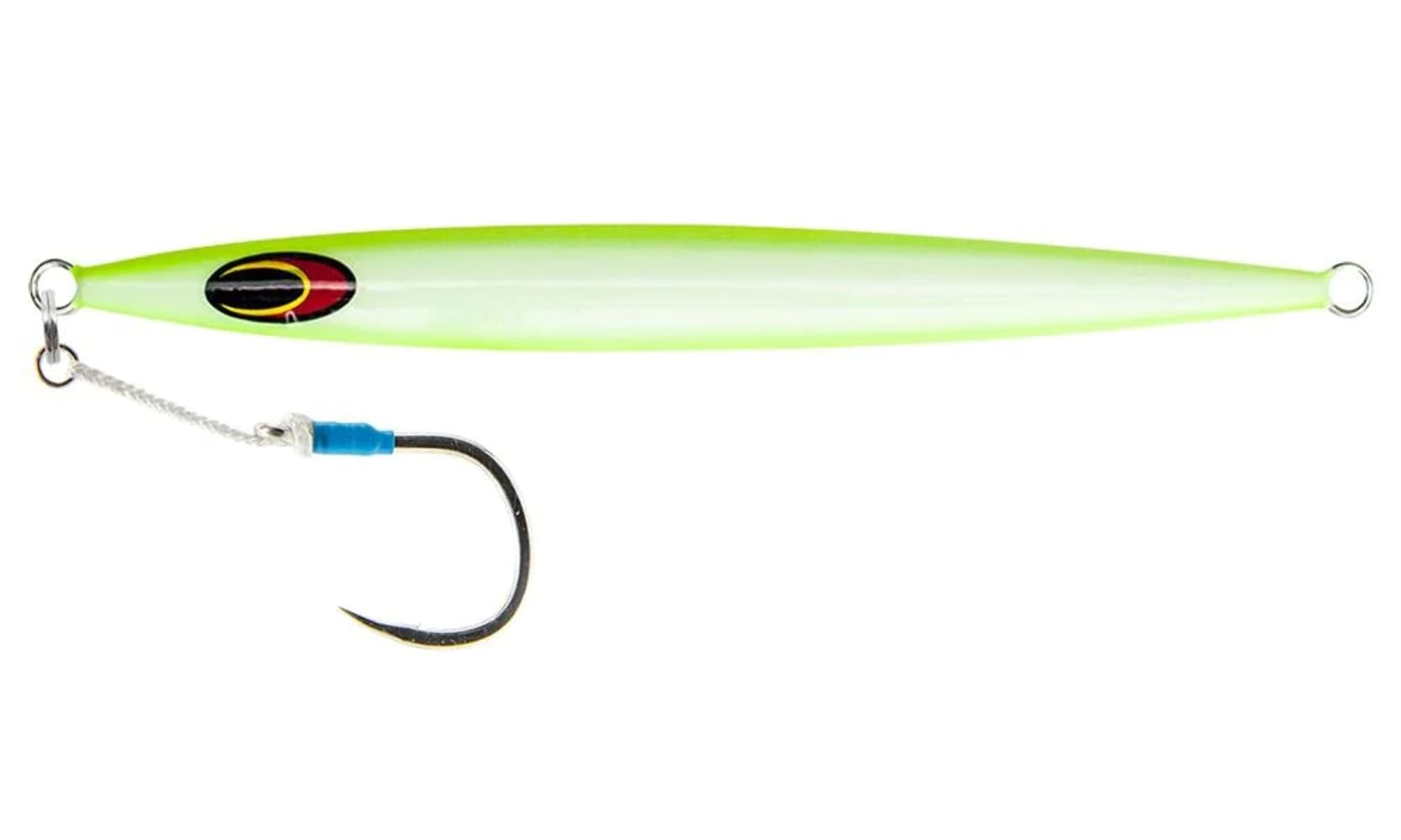 Nomad Design The Streaker Fusilier jig, top view, high-visibility color aids mid-water targeting.