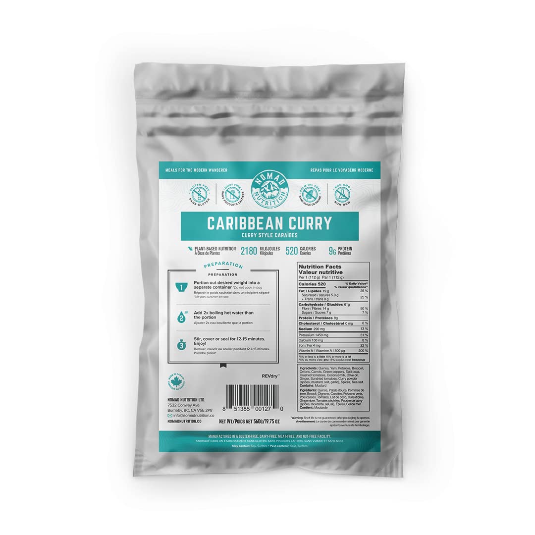 Nomad Nutrition Caribbean Curry pack shot highlighting plant-based, quick meal for outdoor adventures.