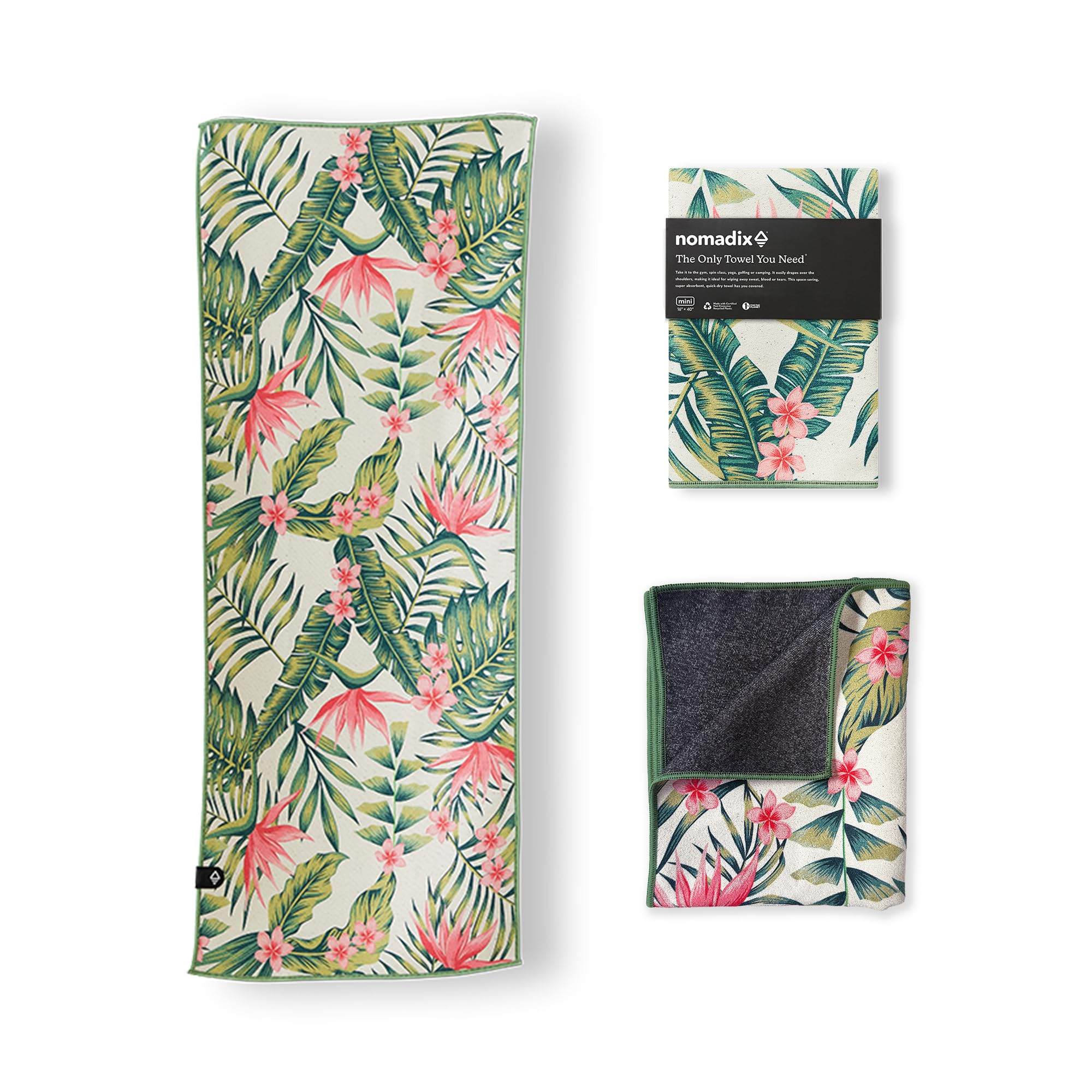 Nomadix Mini Towel Palms Pink flatlay shows compact travel size for on the go