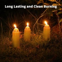 NOMFIX beeswax candle in lantern setup for safe outdoor lighting.