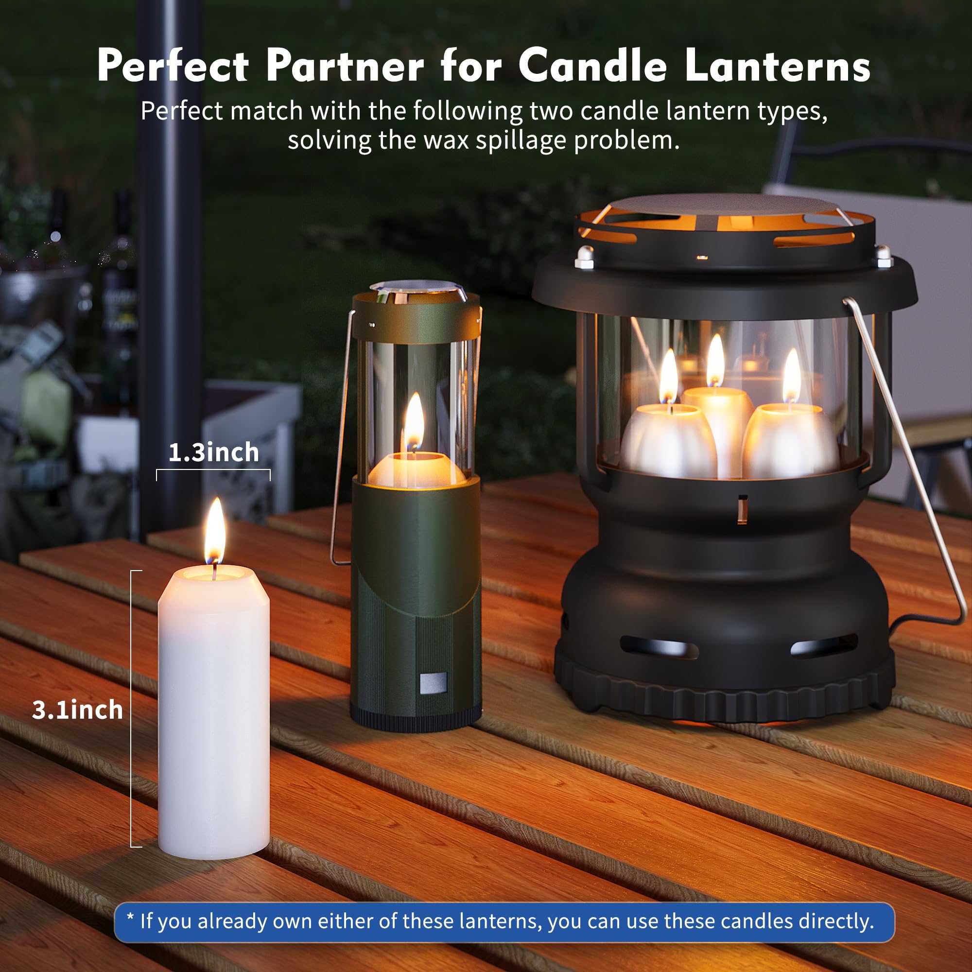 NOMFIX long-burn-time design shown with steady candle flame.