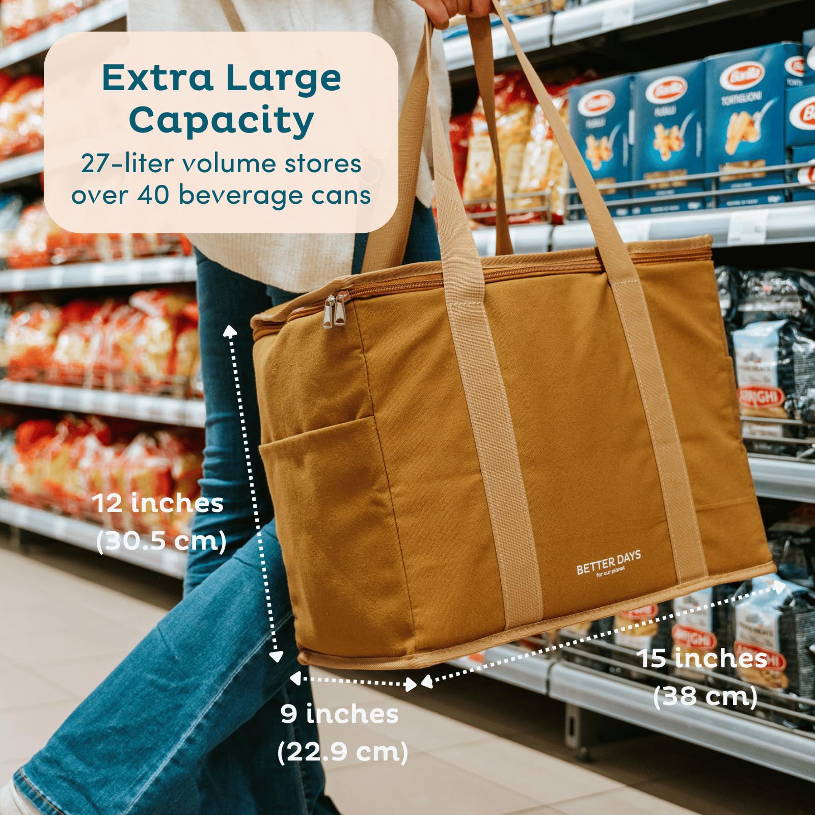 Nook Theory wide-opening insulated tote makes loading heavy groceries easy.