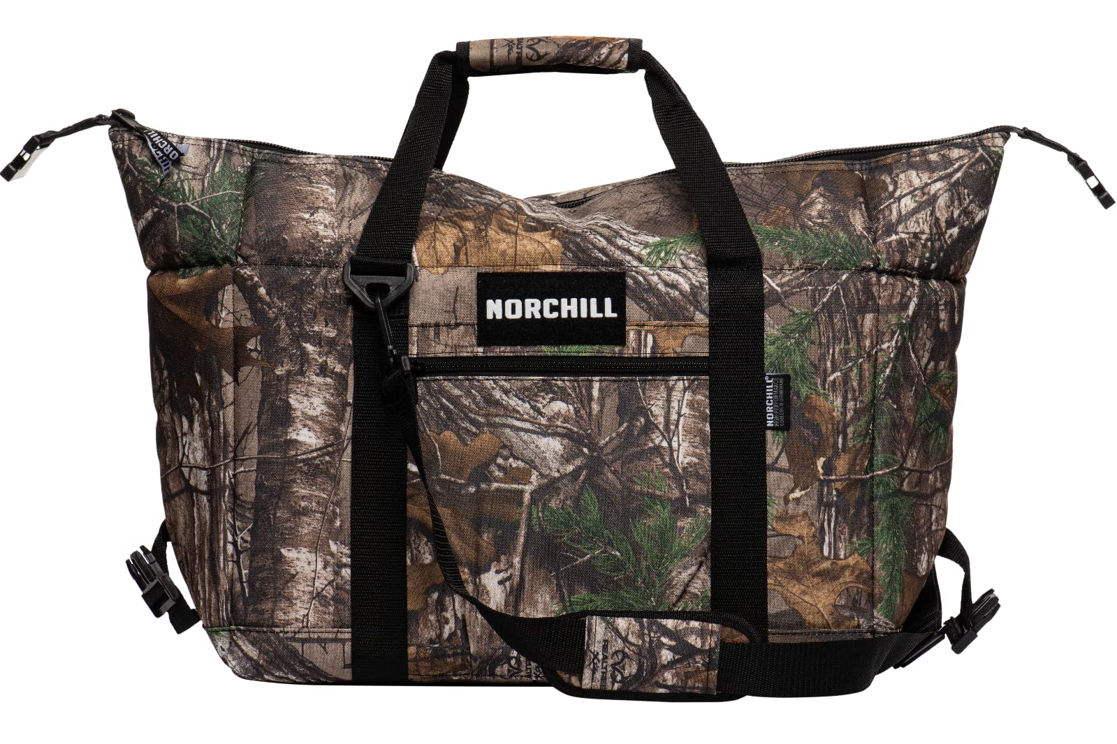 NorChill 48 Can Cooler front view with rugged Realtree Xtra shell for outdoor use