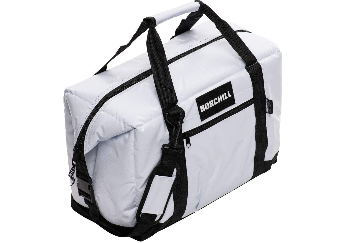 NorChill BoatBag front view white, rugged marine cooler ready for on-water use.