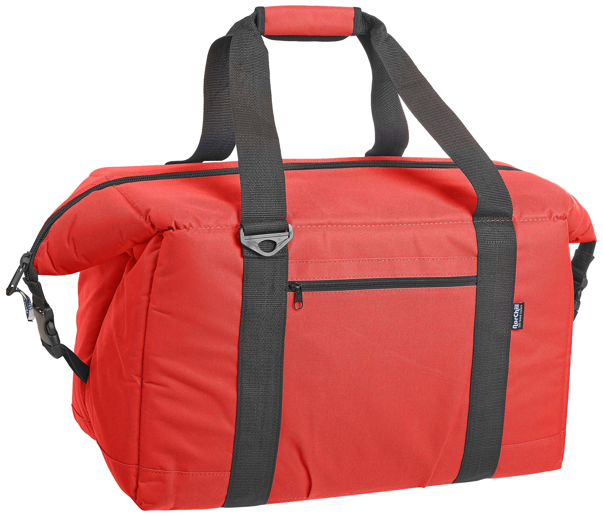 NorChill Voyager 48 Can red soft cooler showing dual-temp insulation for hot or cold needs.