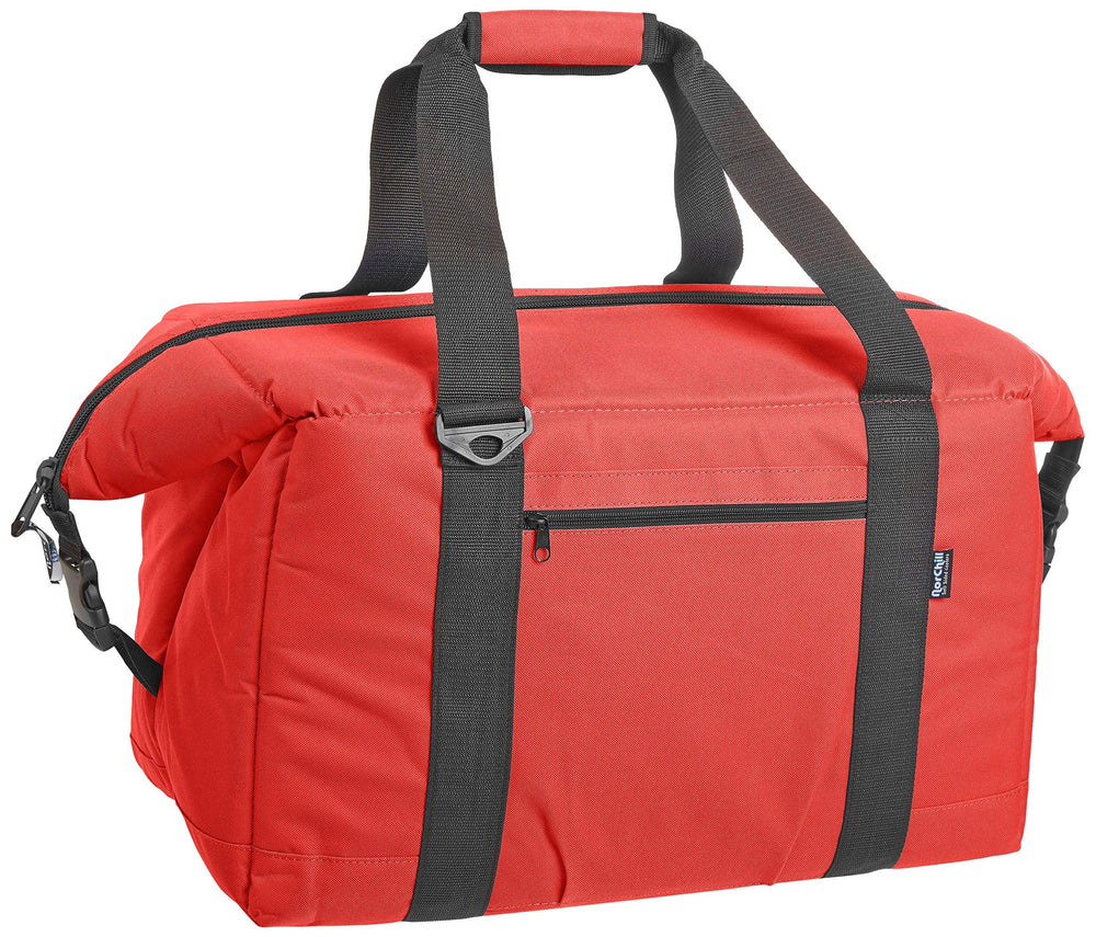 NorChill Voyager 48 Can red soft cooler showing dual-temp insulation for hot or cold needs.