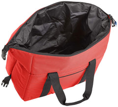 Fold-down clips convert bag to square shape for compact storage and transport.