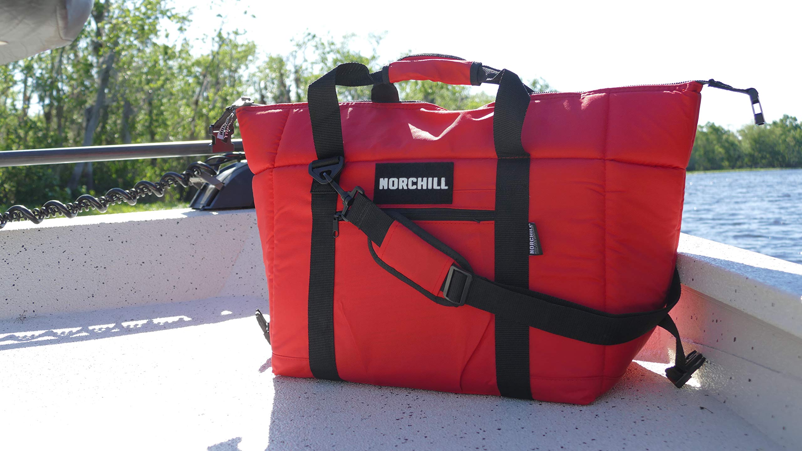 NorChill Voyager red cooler with G8TRSkin liner for leak-free transport of contents.