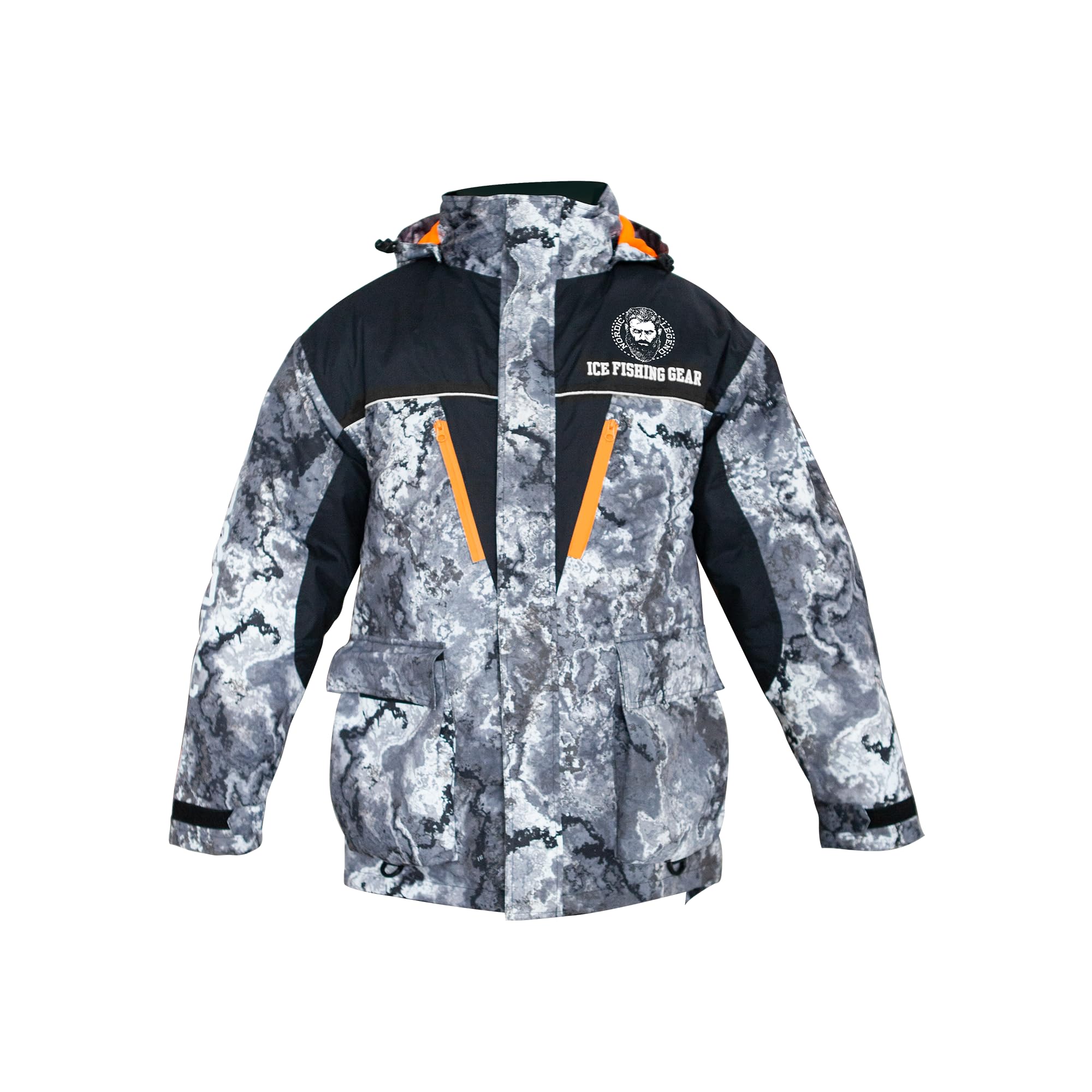 Nordic Legend legendary camo ice fishing suit back view highlighting full-coverage protection and visibility on winter trails