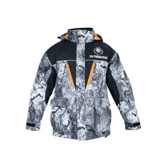 Nordic Legend legendary camo ice fishing suit back view highlighting full-coverage protection and visibility on winter trails