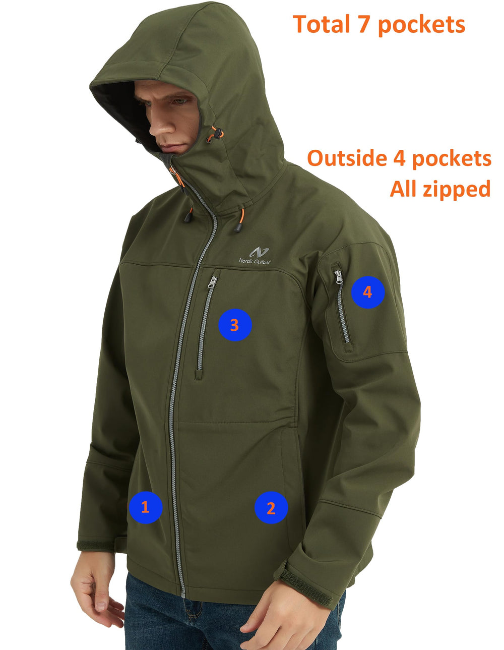 NORDIC OUTLAND men's softshell rain jacket hood-up view demonstrates adjustable warmth for changing weather.